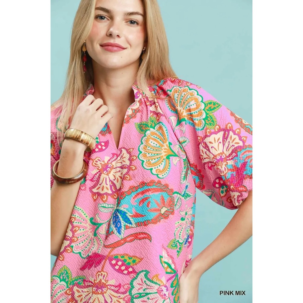 Umgee Mix Floral Print Scallop Hem Blouse - Pink mix - medium - Picture 4 of 5